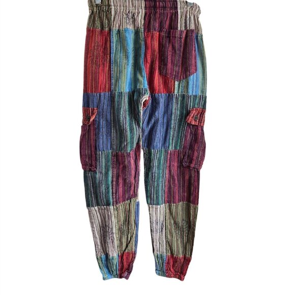 Colorful Patchwork Striped Cotton Cargo Joggers Barrel Pants Pull On Made Nepal - Picture 2 of 9